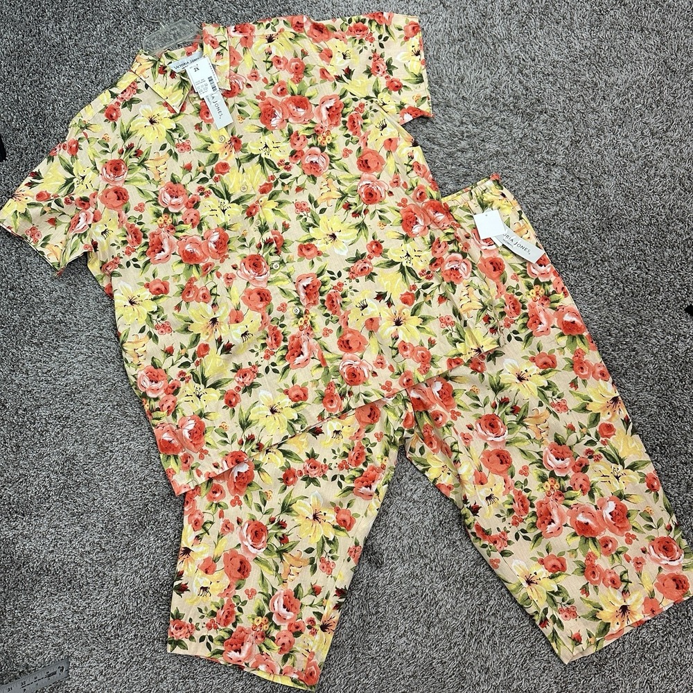 Womens 2 Piece Set Linen/Cotton Set Short Sleeve Collared Top &‎ Pants Floral 2X